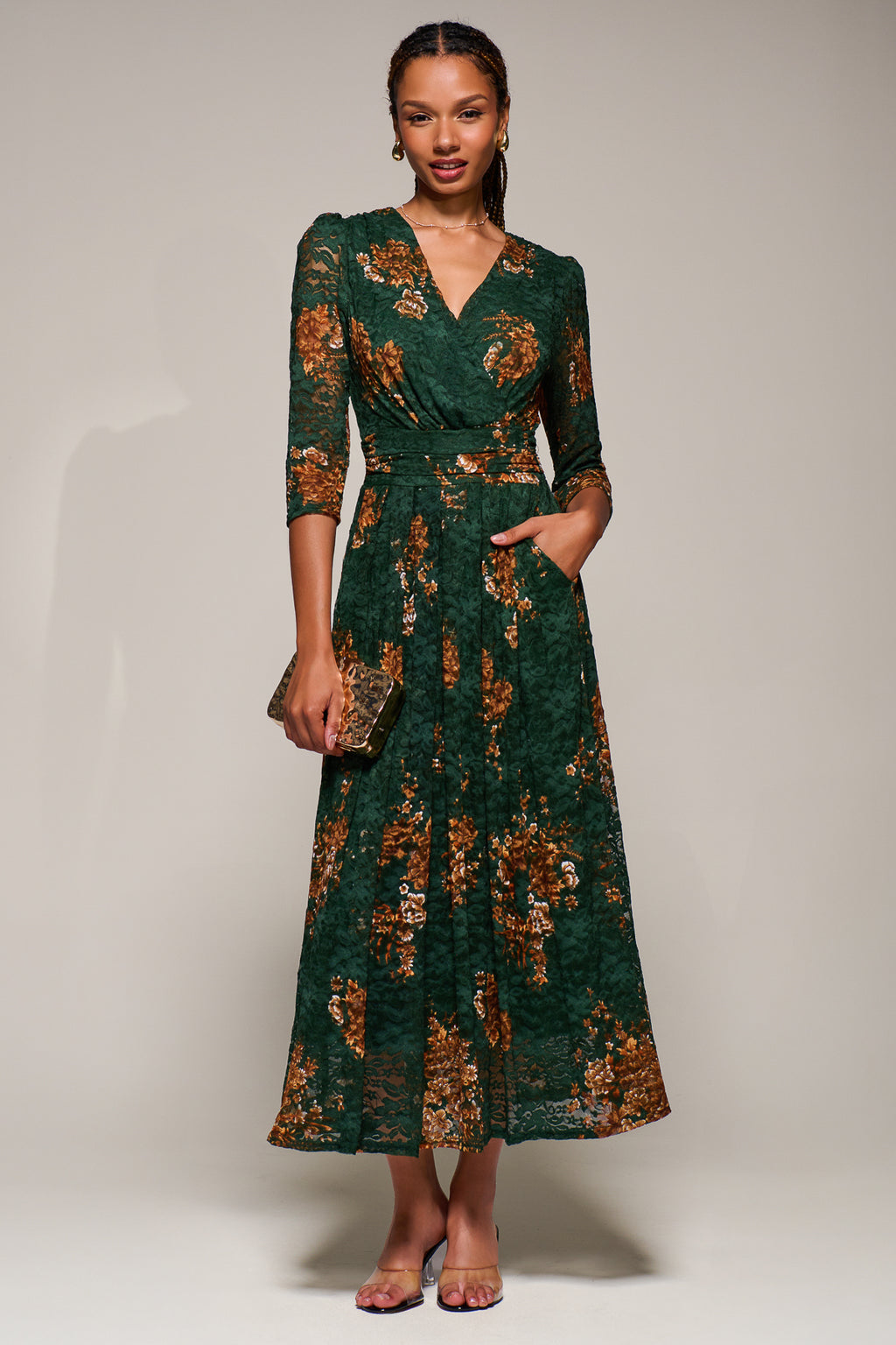 Three Quarter Sleeve Printed Lace Maxi Dress, Green Floral Jolie Moi Retail Three Quarter Sleeve Printed Lace Maxi Dress, Green Floral Jolie Moi Retail