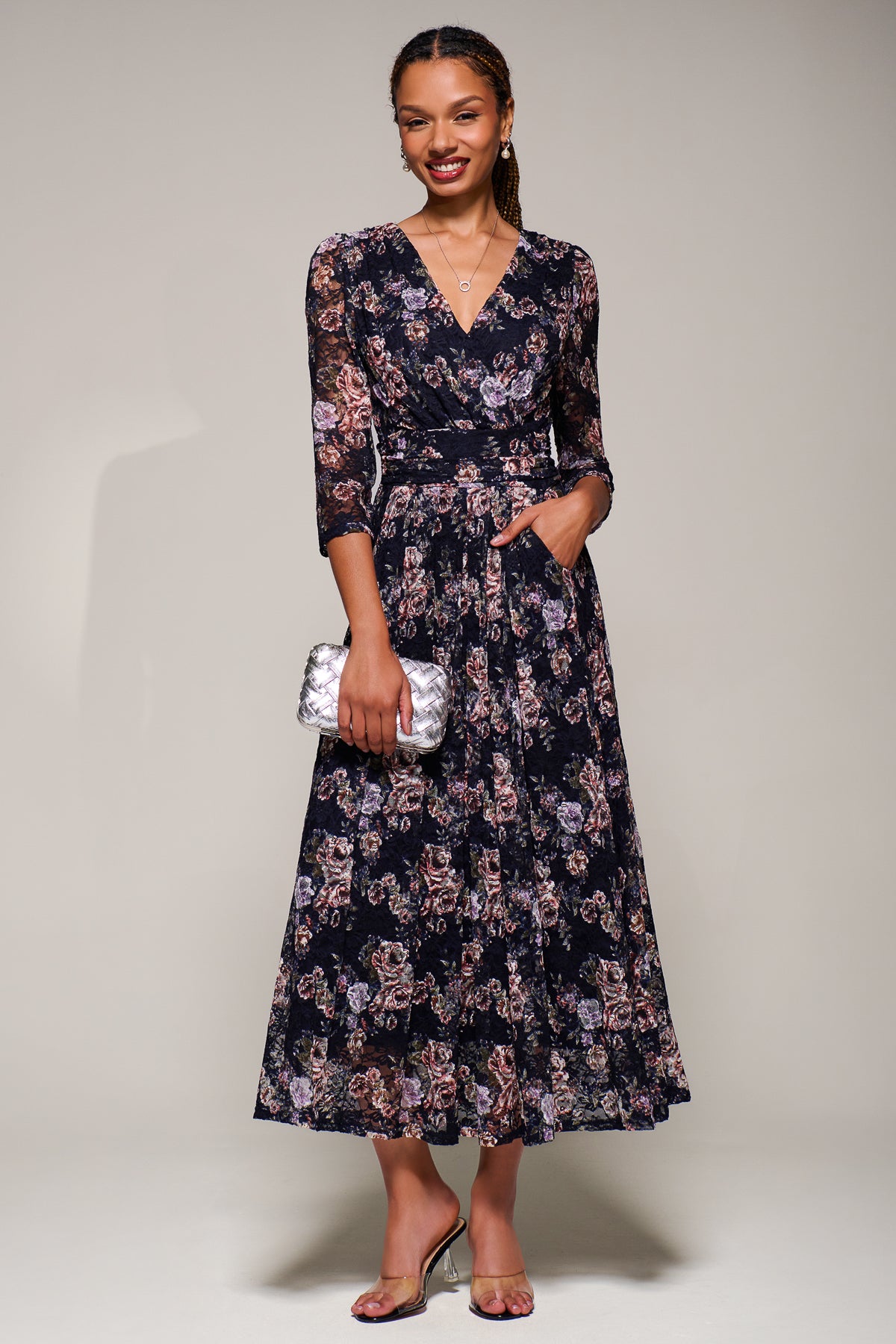 Three Quarter Sleeve Printed Lace Maxi, Navy Floral – Jolie Moi Retail