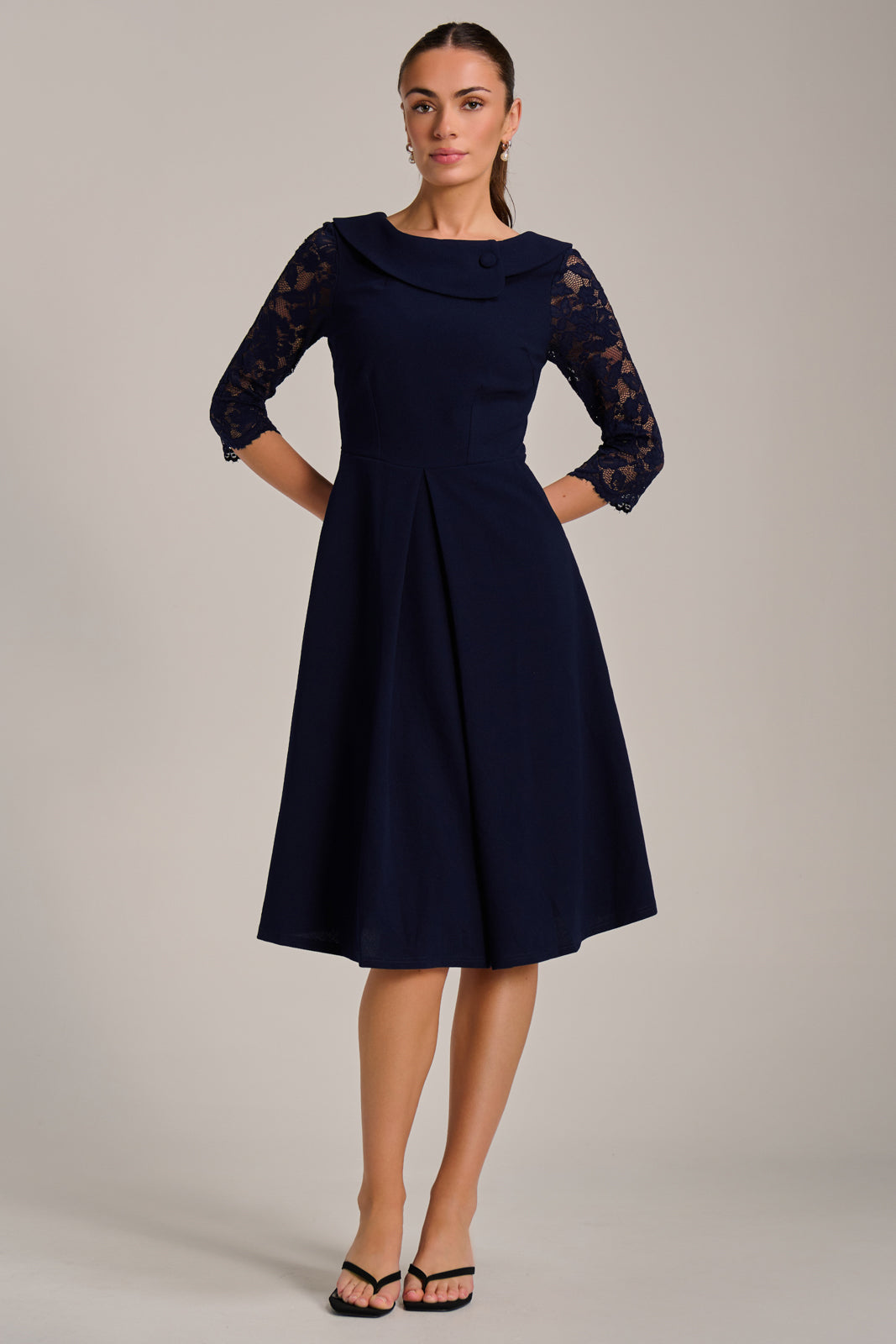 Roll Neck Lace Sleeve Fit & Flare Midi Dress, Navy – Jolie Moi Retail