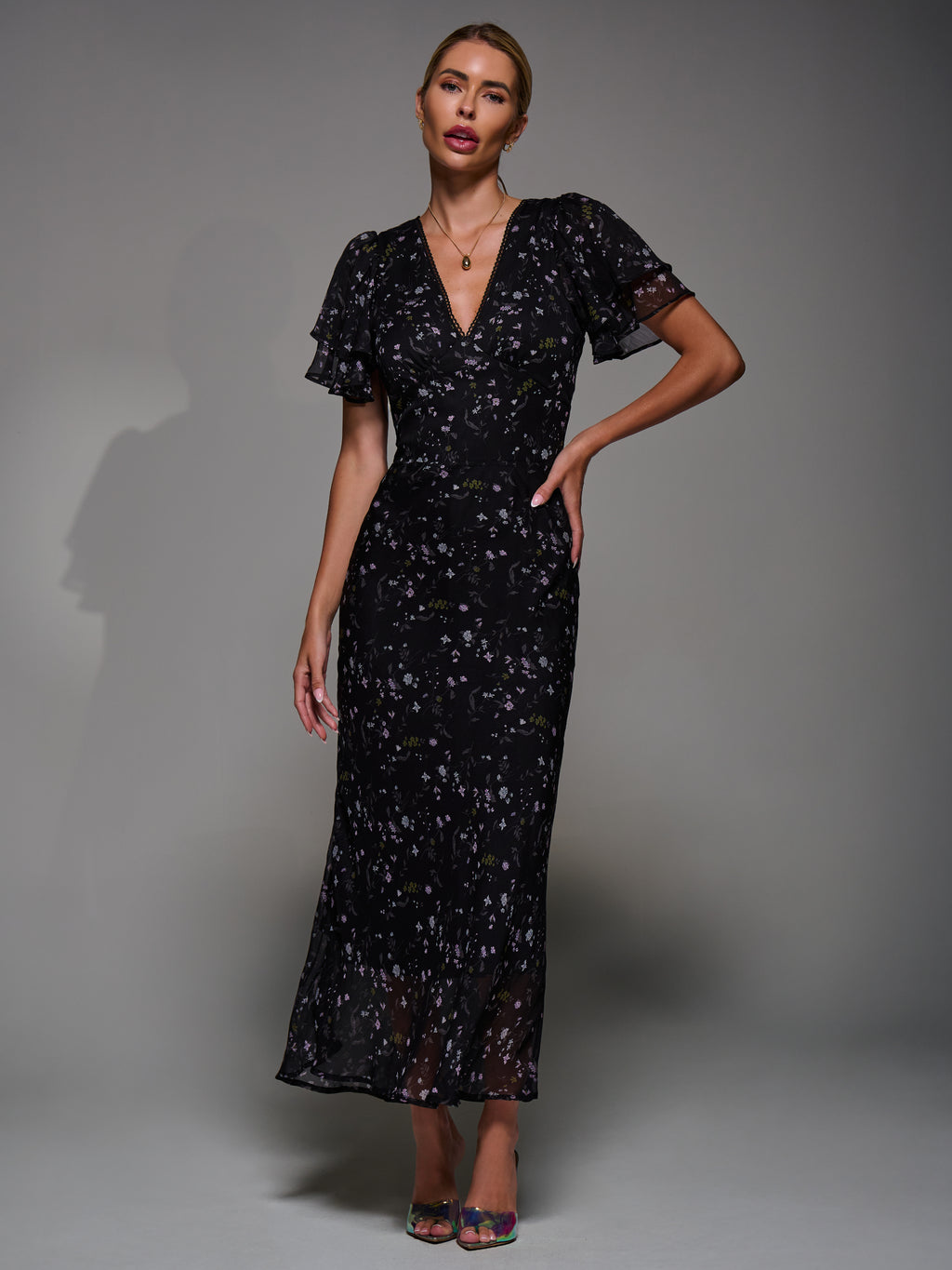 V-Neck Frill Sleeve Chiffon Midaxi Dress, Black Floral – Jolie Moi Retail