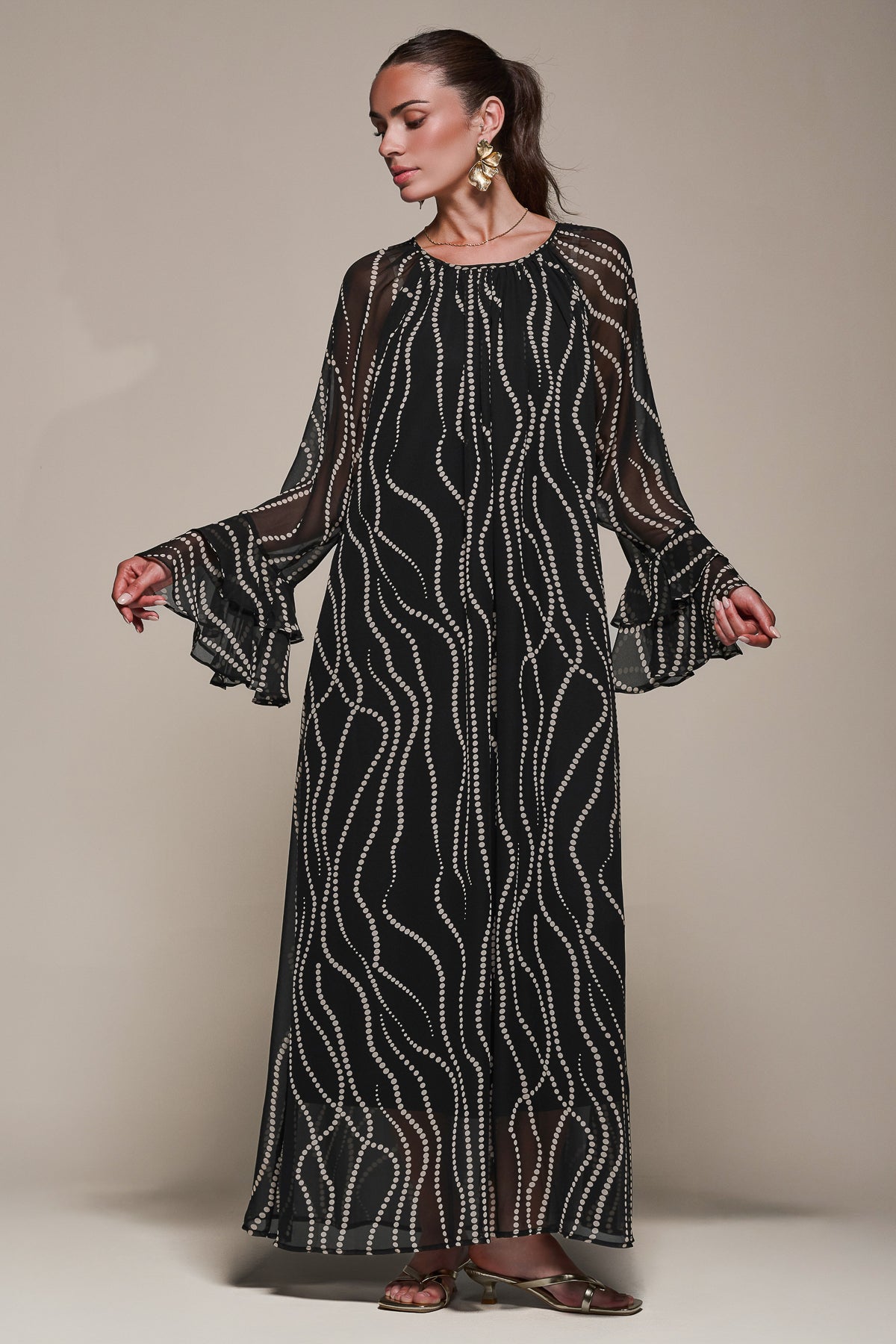 Chiffon Long Sleeve Shift Maxi Dress, Black Spot – Jolie Moi Retail