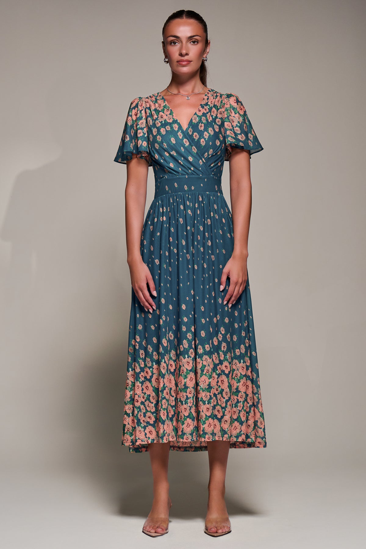 Mirrored Mesh Short Sleeve Midaxi Dress, Teal Floral – Jolie Moi