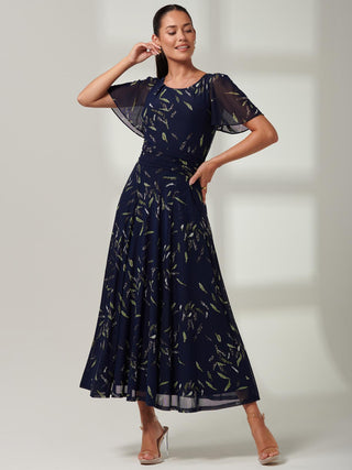 Elvira Print Mesh Maxi Dress, Navy Leafy