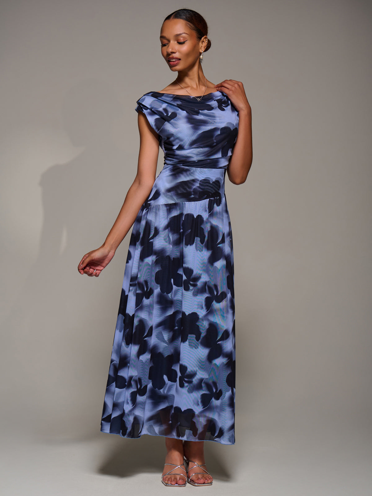 Asymmetric Draped Mesh Maxi Dress, Blue Abstract – Jolie Moi Retail