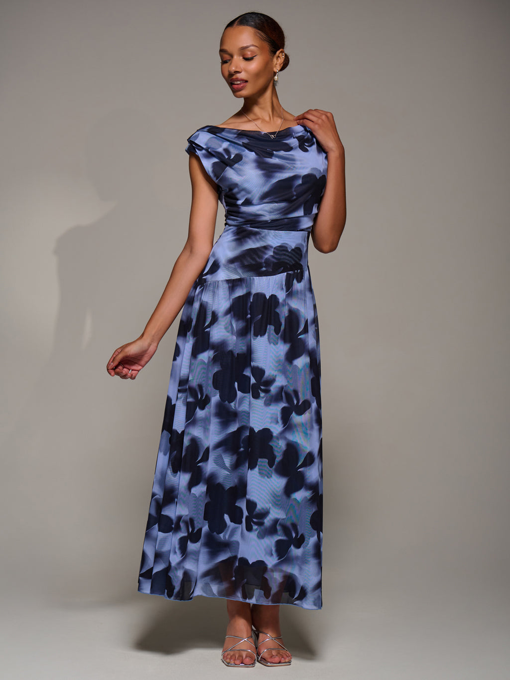 blue abstract dress Asymmetric Draped Mesh Maxi Dress, Blue Abstract – Jolie Moi Retail