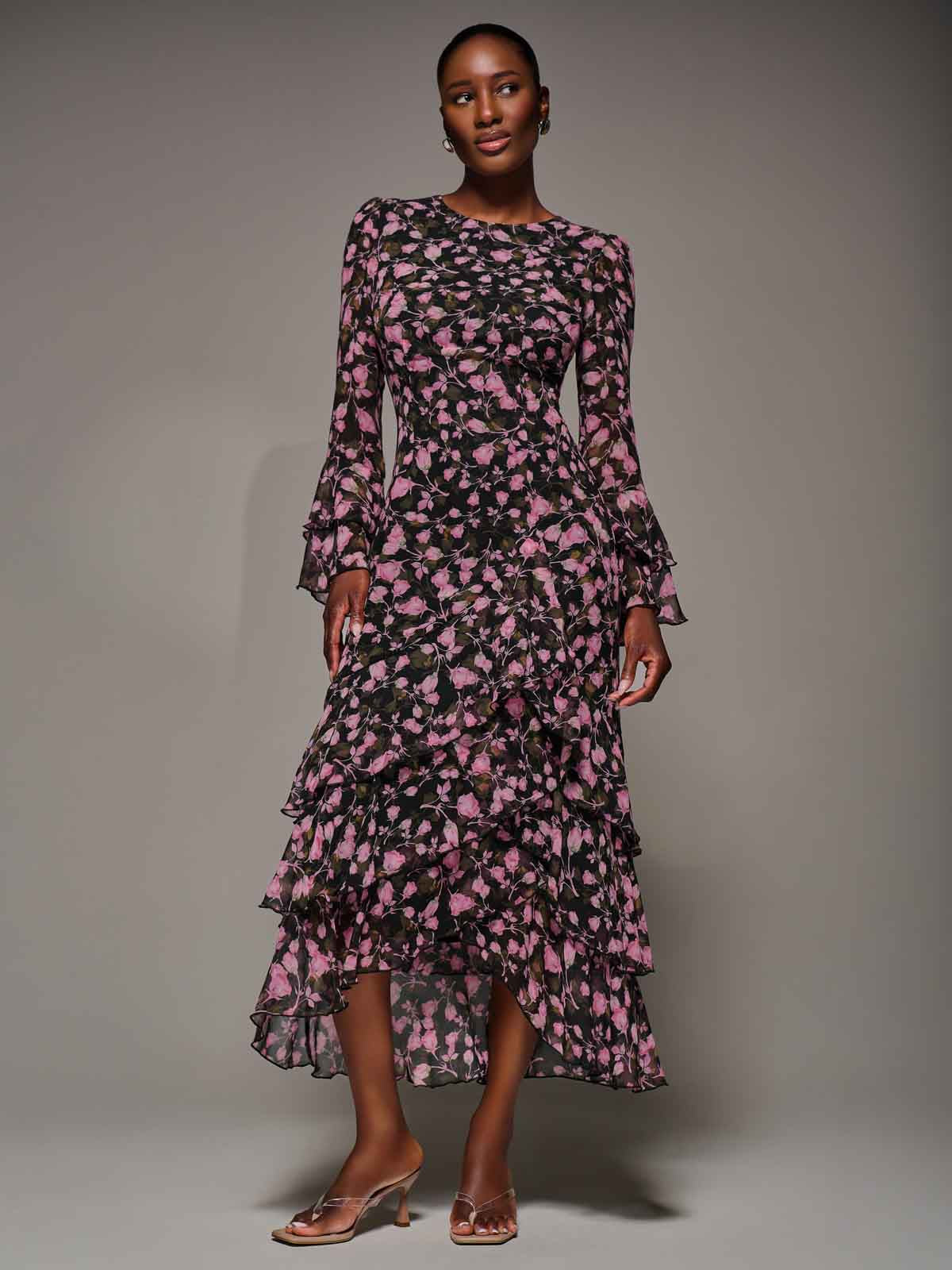 Ruffled Long Sleeve Tiered Chiffon Midaxi, Pink Floral – Jolie Moi