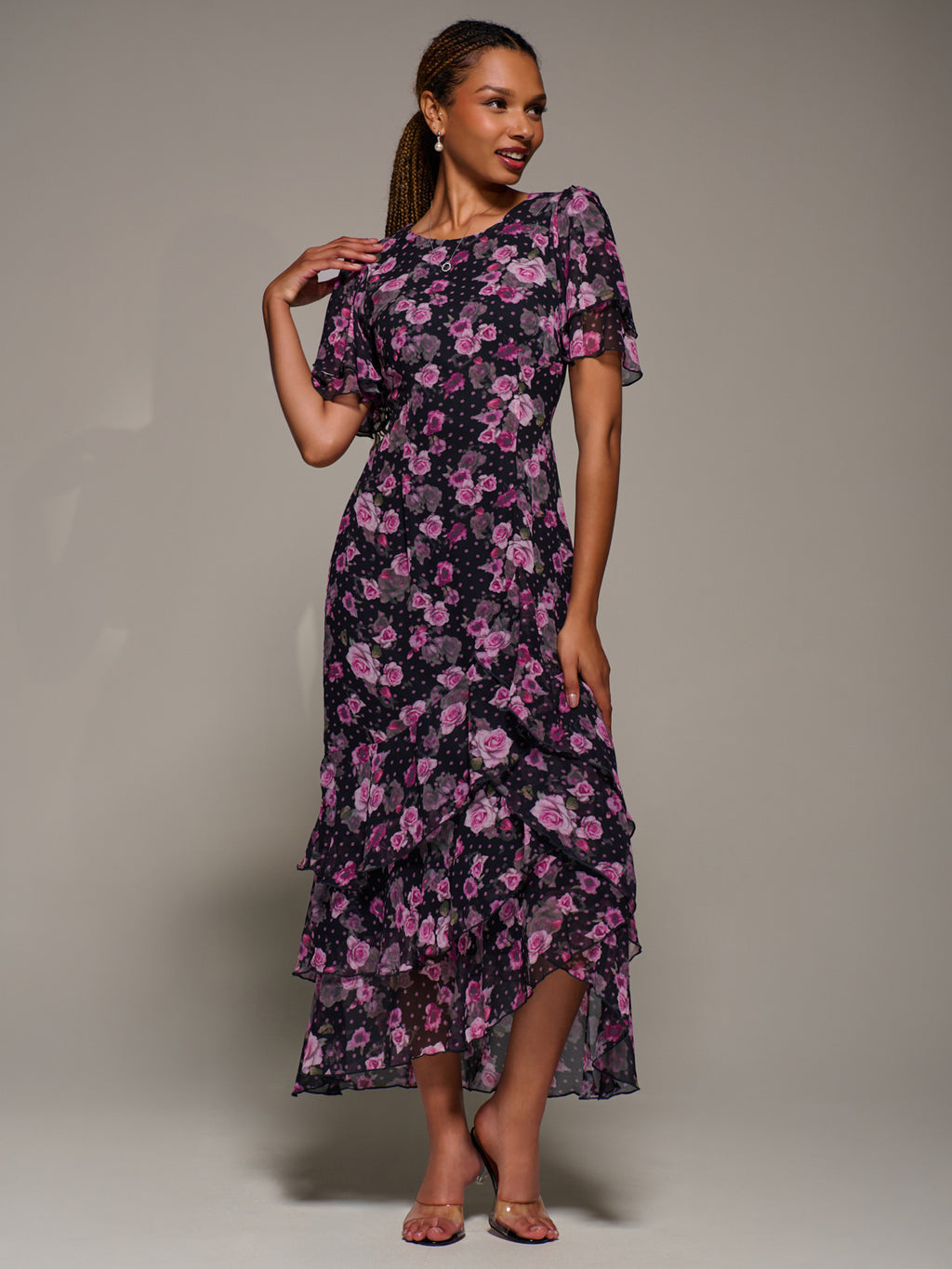 Ruffle Detail Chiffon Midaxi Dress, Navy Floral – Jolie Moi Retail