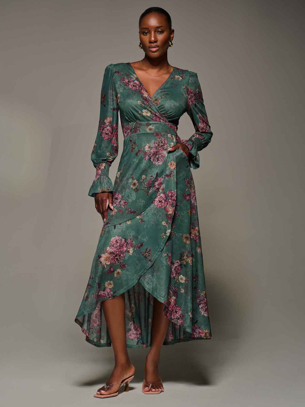 Long Sleeve Frill Hem Mesh Maxi Dress, Green Floral – Jolie Moi Retail
