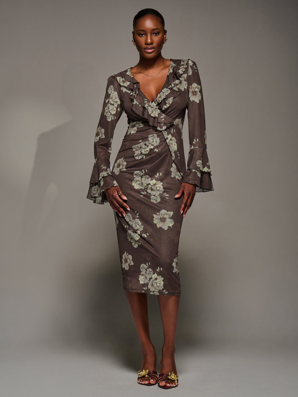 Frill Sleeve Pleated Wrap Midi Dress, Brown Floral Jolie Moi Retail Frill Sleeve Pleated Wrap Midi Dress, Brown Floral Jolie Moi Retail