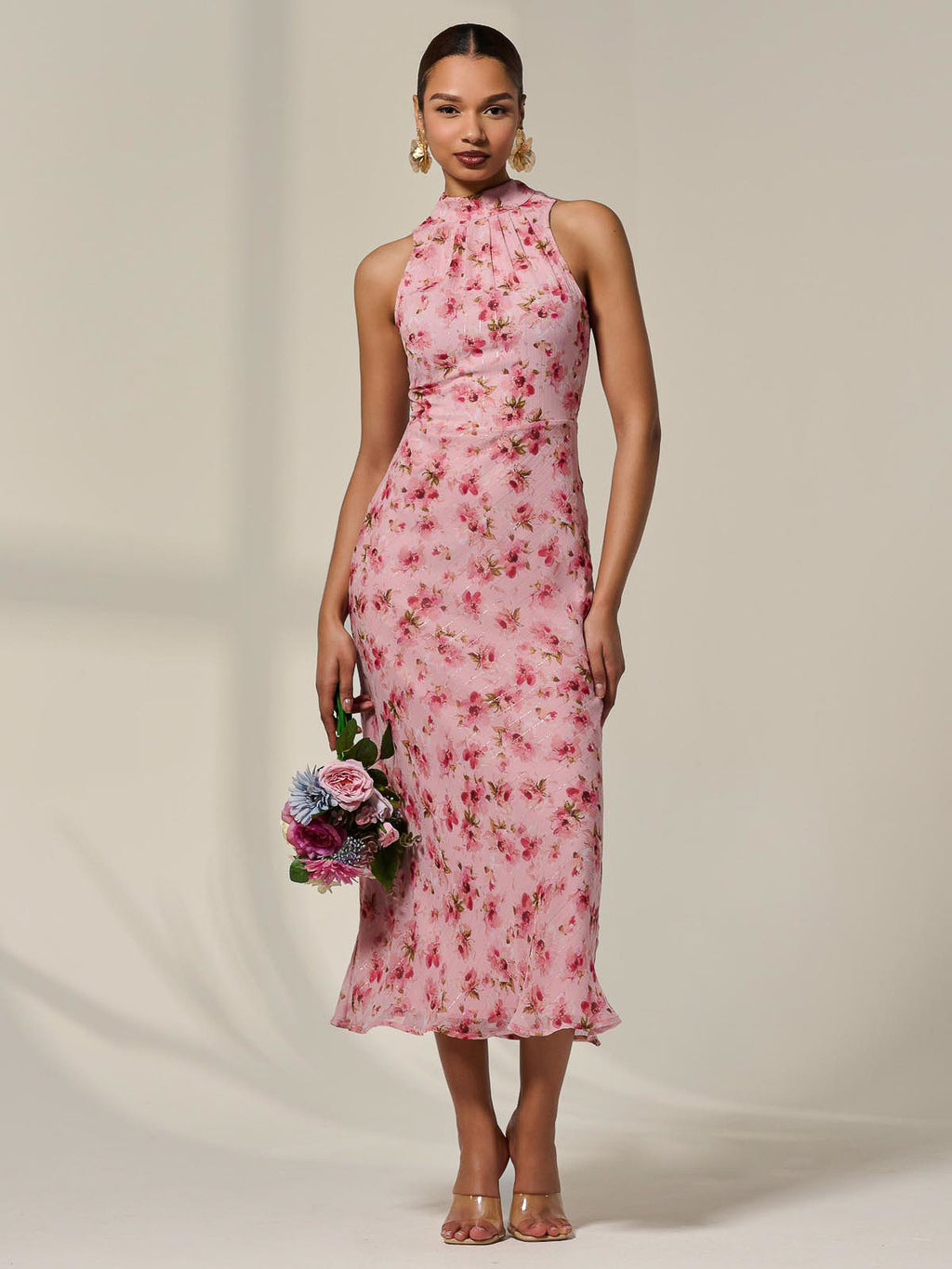 Chiffon Halterneck Printed Midaxi Dress, Pink Floral Jolie Moi Retail Chiffon Halterneck Printed Midaxi Dress, Pink Floral Jolie Moi Retail