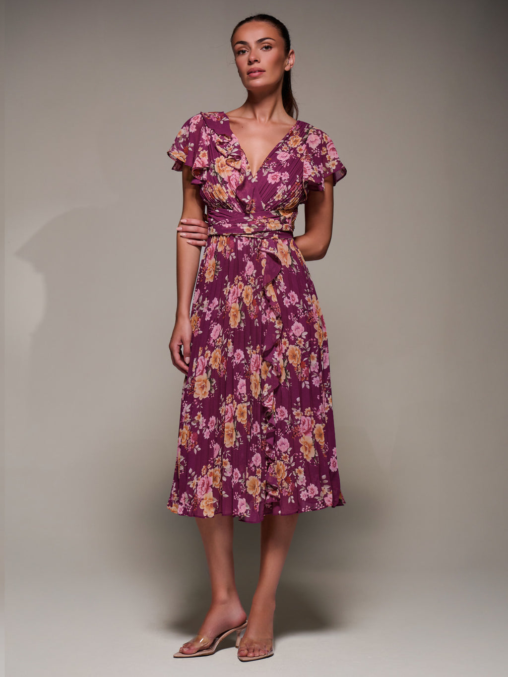 Printed Ruffle Detail Pleated Chiffon Midi, Fuchsia Floral