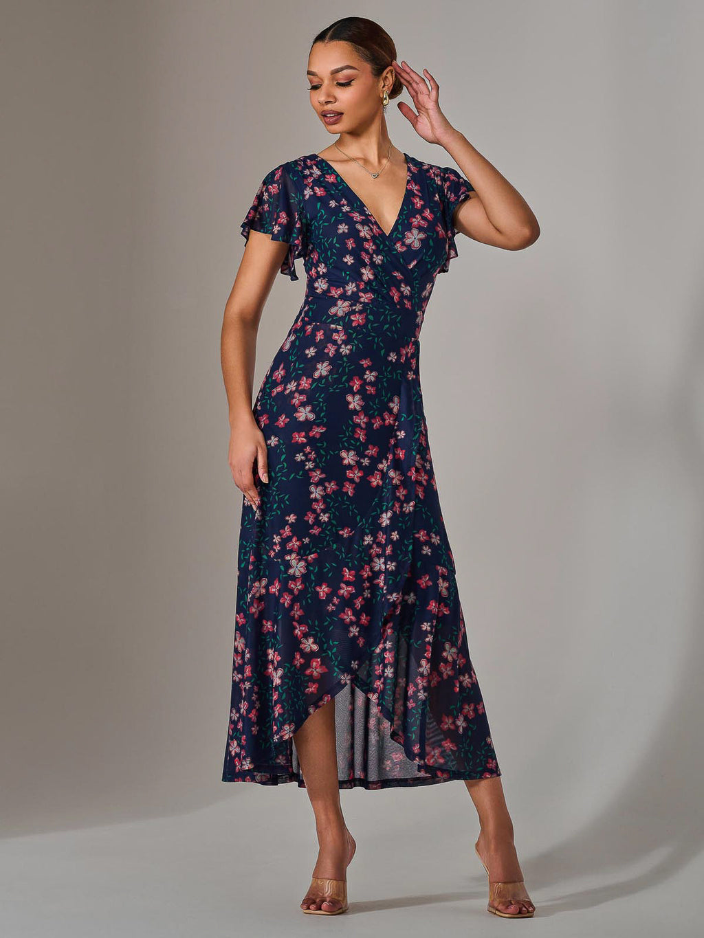 open lace back dress Mesh Frill Hem Maxi Dress, Navy Red Floral – Jolie Moi Retail