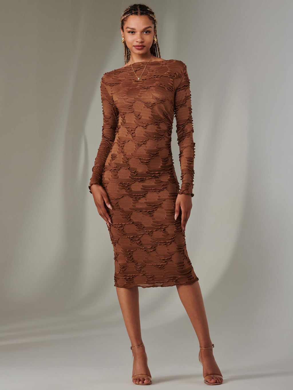 brown textured midi dress Brown Textured Knit Midi Dress  self-portrait-US