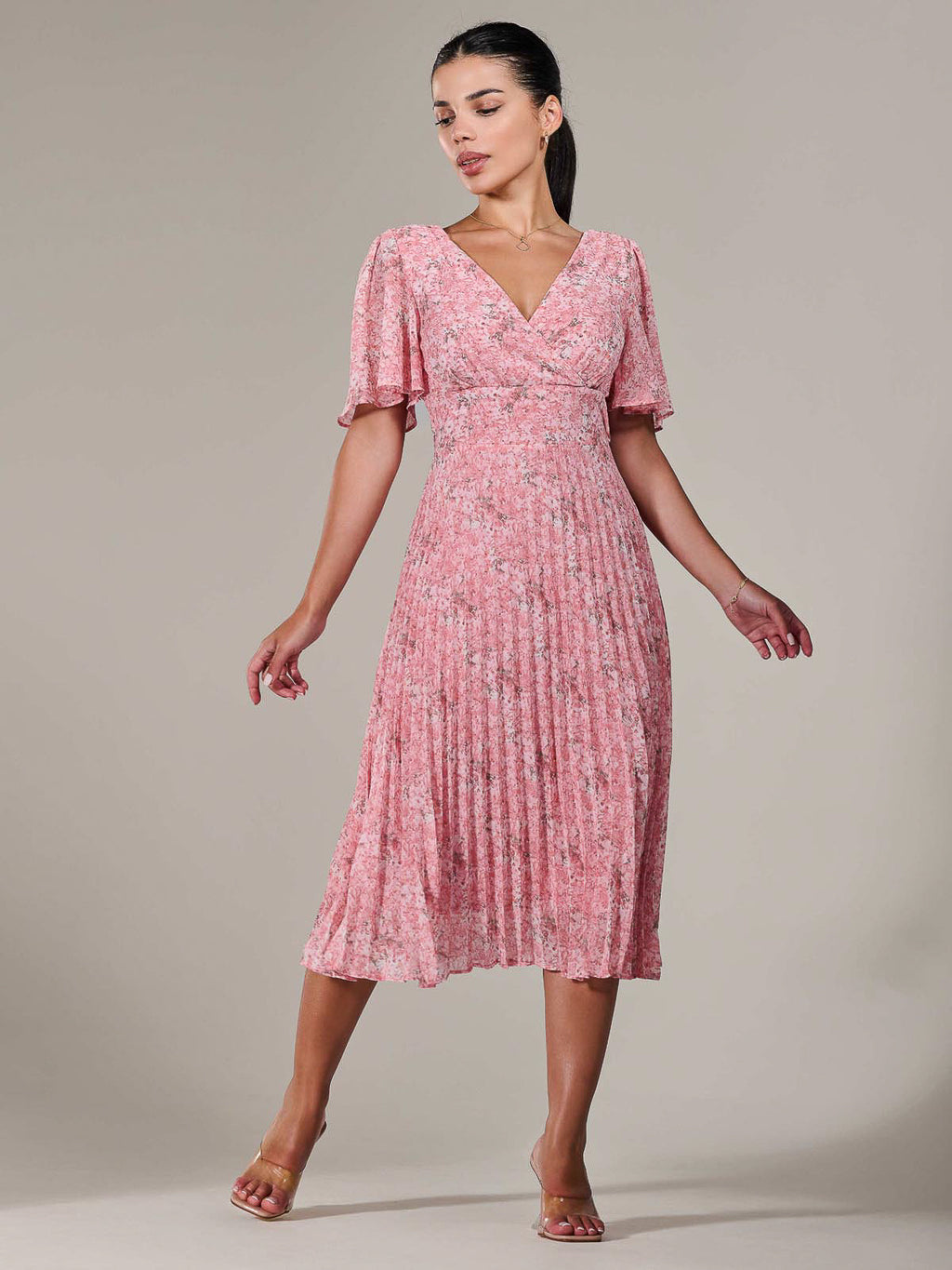strapless open back dress Petite Chiffon Pleated Midaxi Dress, Pink Floral – Jolie Moi Retail