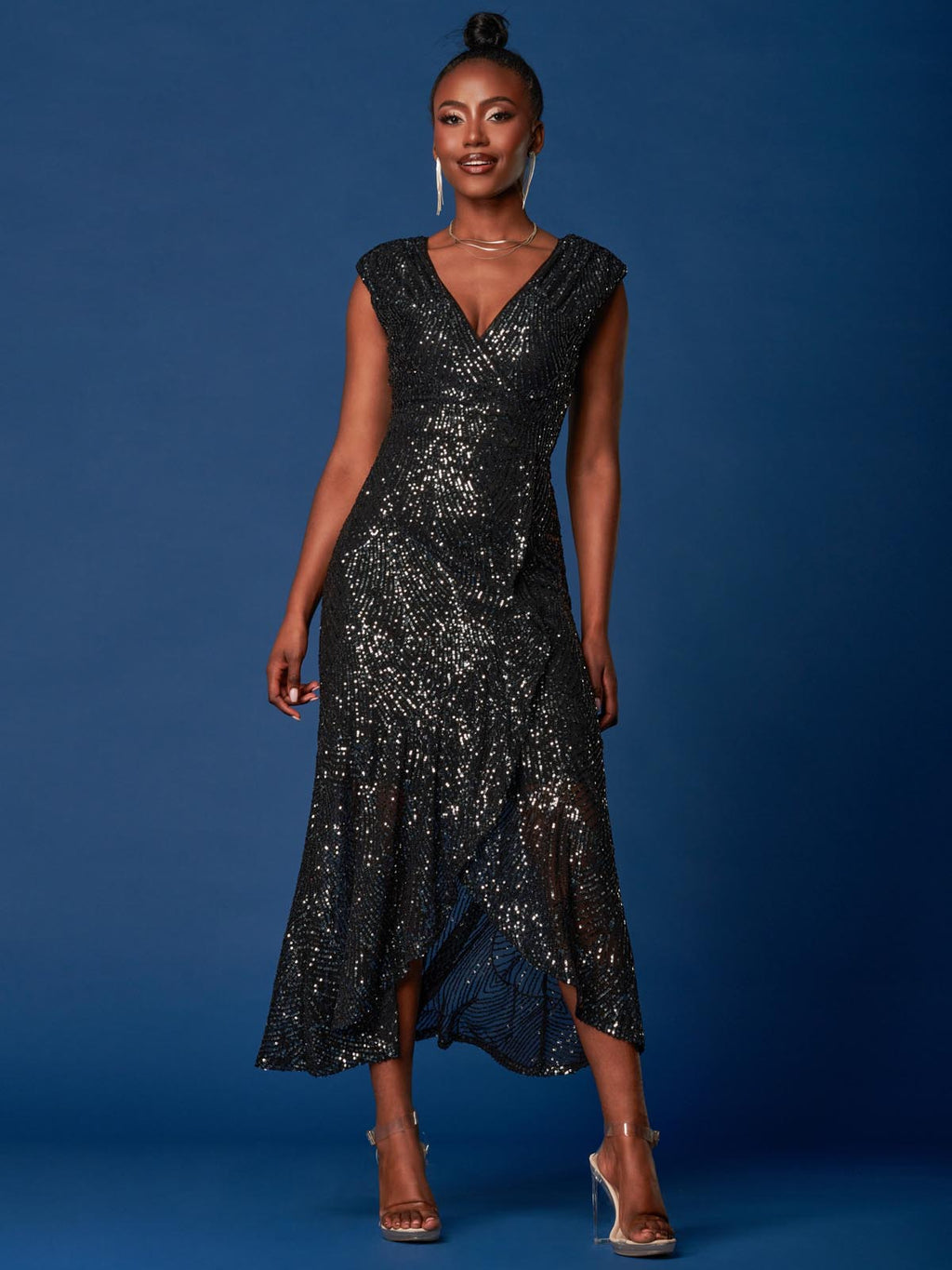 Sequin Wrap Ruffle Hem Maxi Dress, Black Silver Jolie Moi Retail Sequin Wrap Ruffle Hem Maxi Dress, Black Silver Jolie Moi Retail