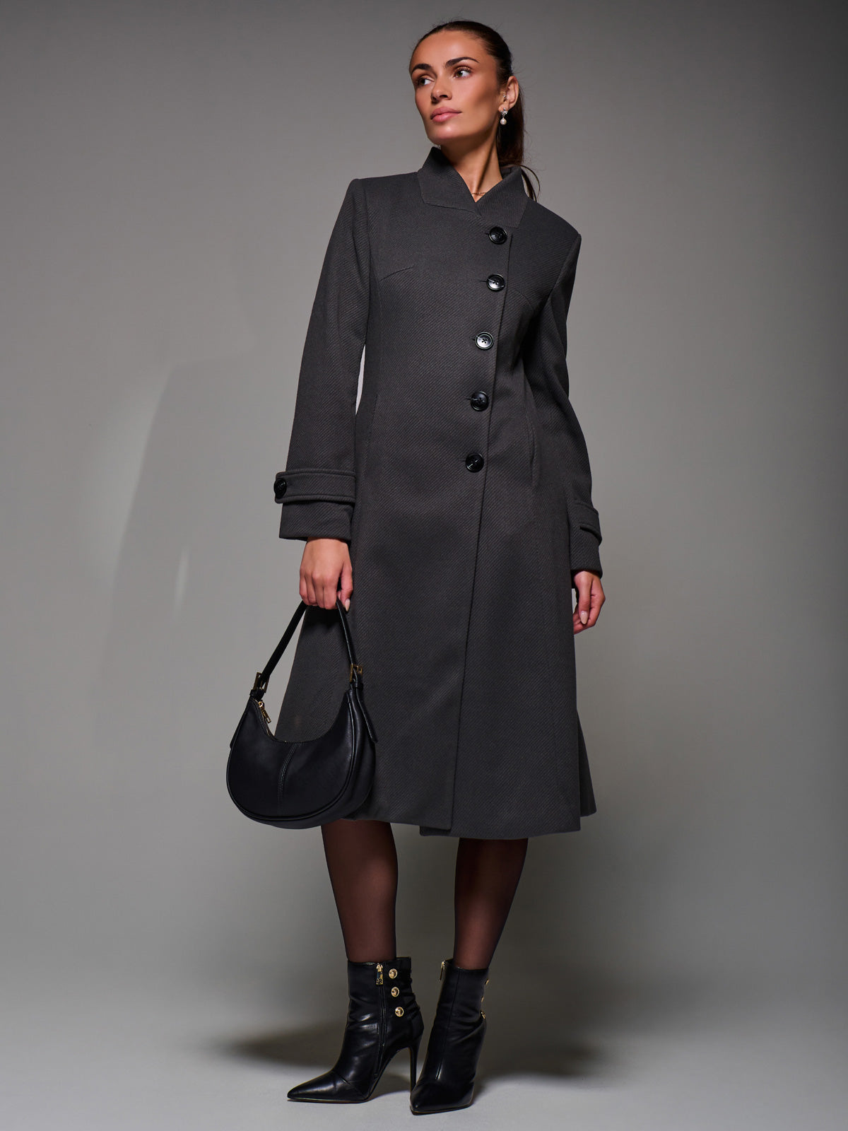 Asymmetric Button Detail Fit & Flare Coat, Dark Grey – Jolie Moi