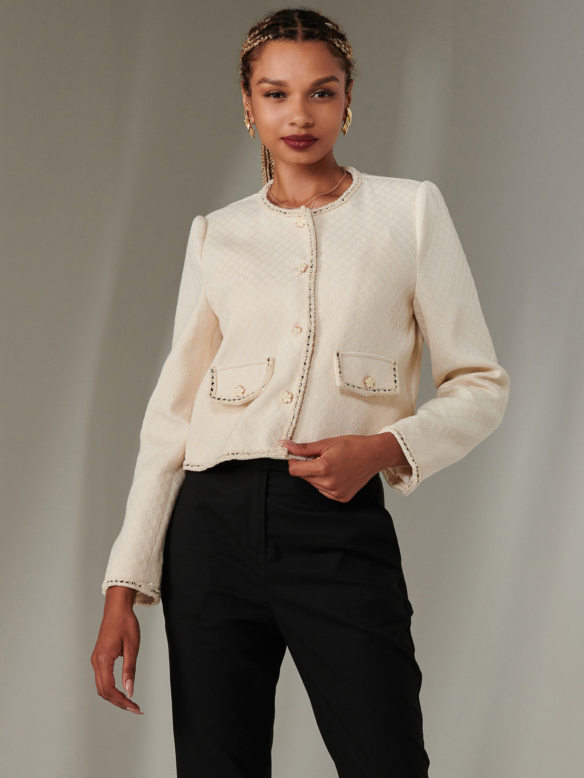 Contrast Trim Tweed Jacket, Oatmeal – Jolie Moi Retail