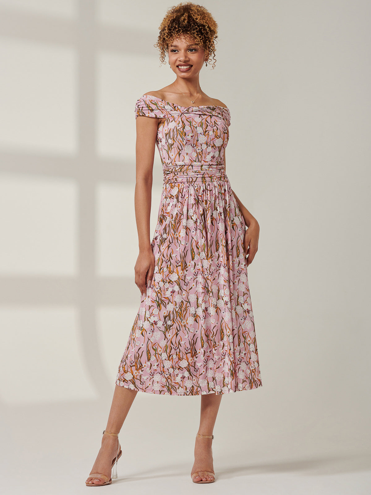 Rezka Off Shoulder Mesh Midi Dress, Light Pink – Jolie Moi Retail