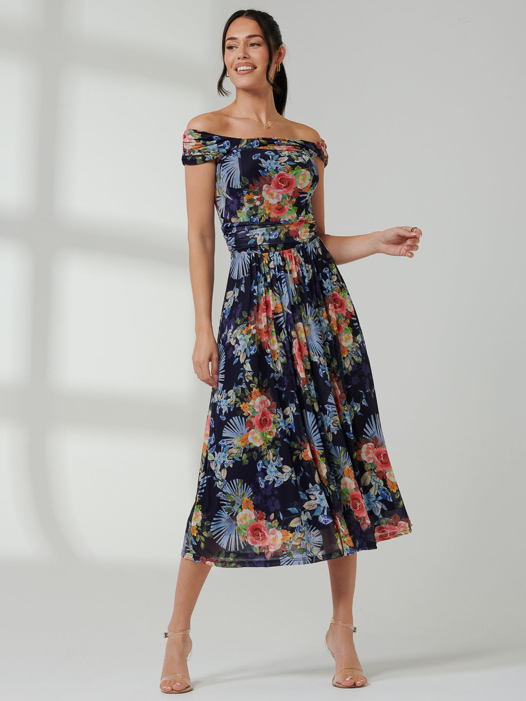off shoulder midi dress uk Rezka Off Shoulder Mesh Midi Dress, Navy Floral – Jolie Moi Retail