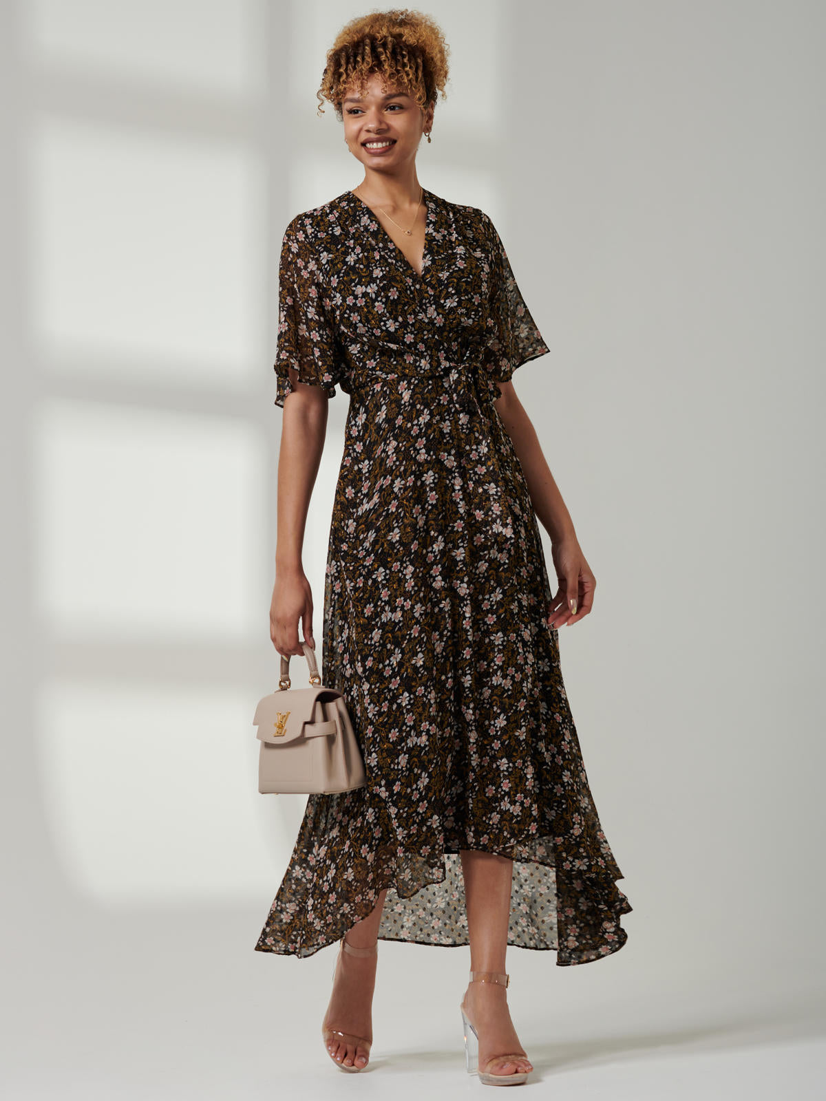 floral print bell sleeve tie front wrap dress