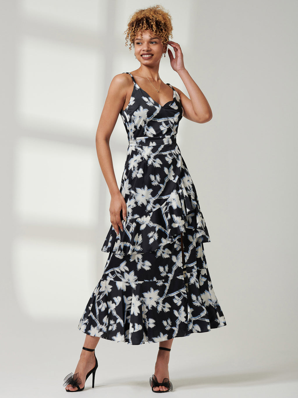 Spaghetti Strap Satin Maxi Dress, Black Floral  Jolie Moi Retail