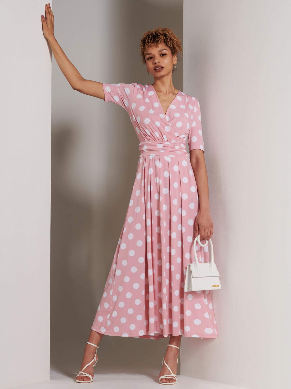 Pink polka dot wrap dress on sale