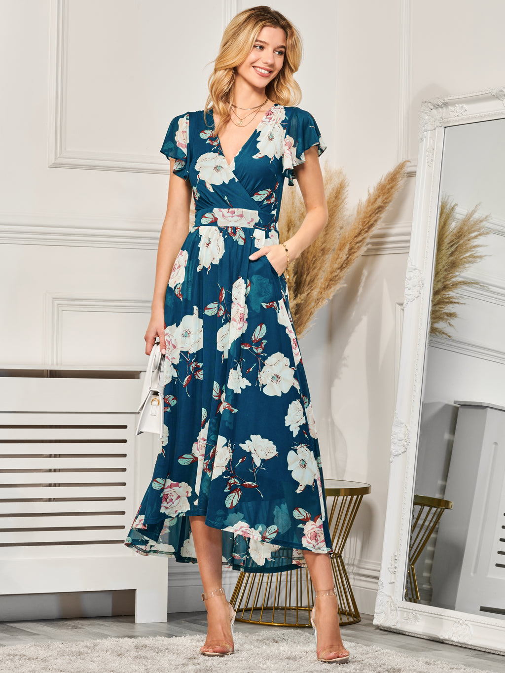 Dipped Hem Mesh Maxi Dress, Teal Floral - Main Image