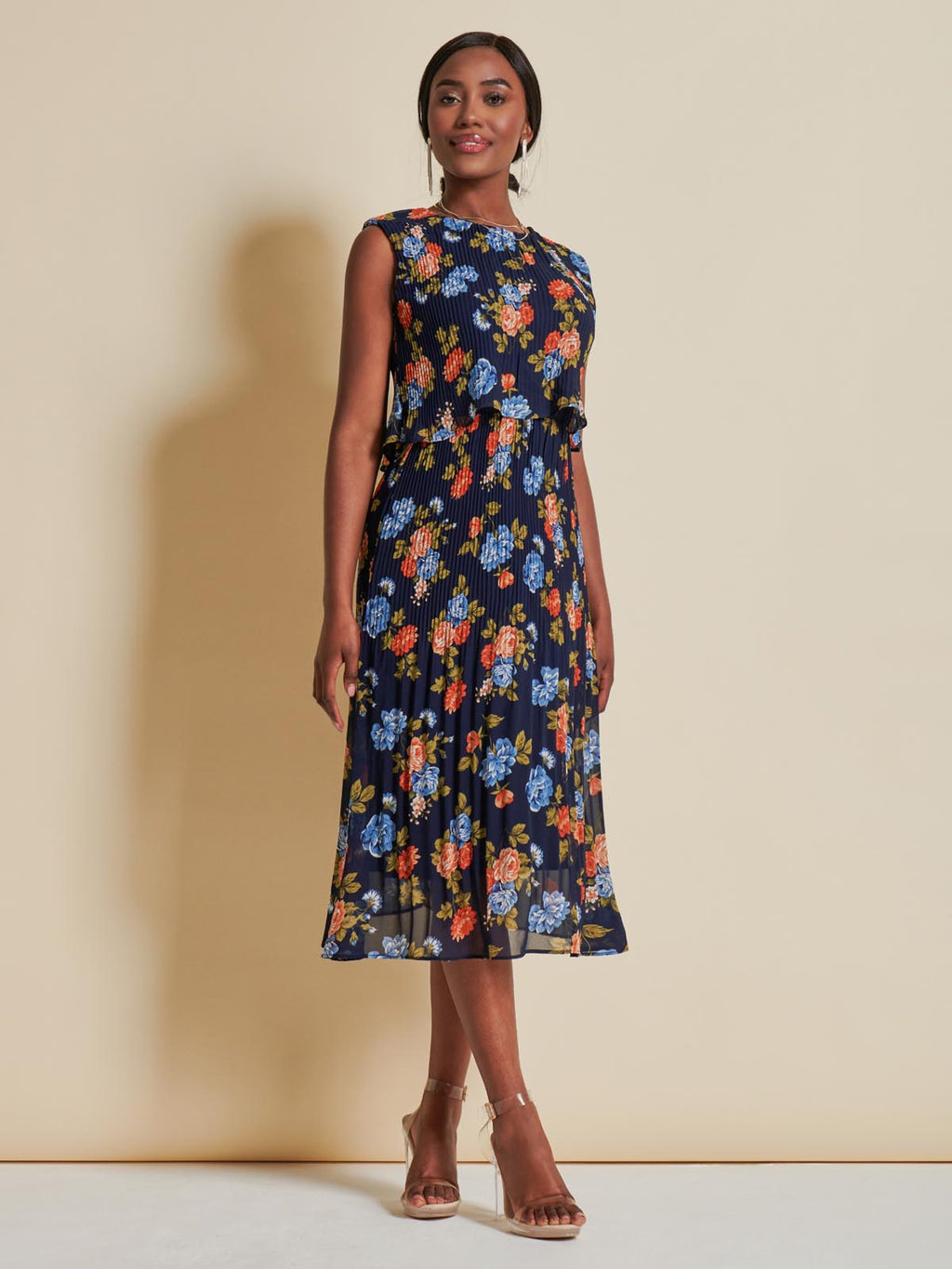 Chiffon Pleated Overlay Midi Dress, Navy Orange Floral Jolie Moi Retail Chiffon Pleated Overlay Midi Dress, Navy Orange Floral Jolie Moi Retail