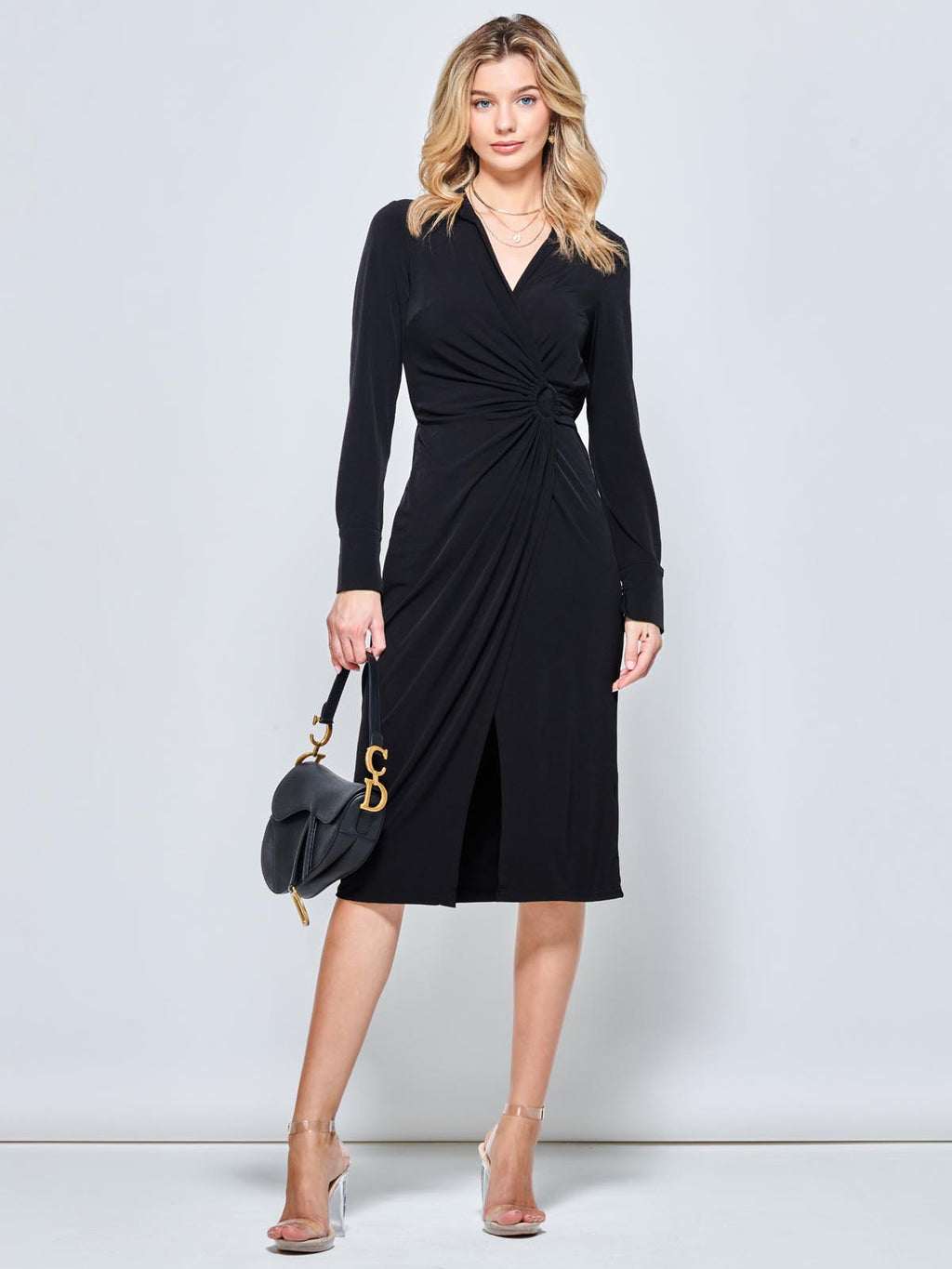 Long Sleeve Wrap Midi Shirt Dress, Black Jolie Moi Retail Long Sleeve Wrap Midi Shirt Dress, Black Jolie Moi Retail