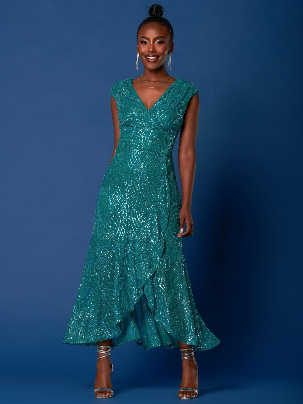 Sequin High Low Hem Maxi Dress, Teal Multi - Main Image