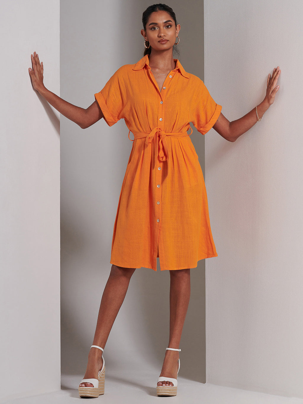 Olivea Linen Drop Shoulder Shirt Dress, Orange Jolie Moi Retail Olivea Linen Drop Shoulder Shirt Dress, Orange Jolie Moi Retail