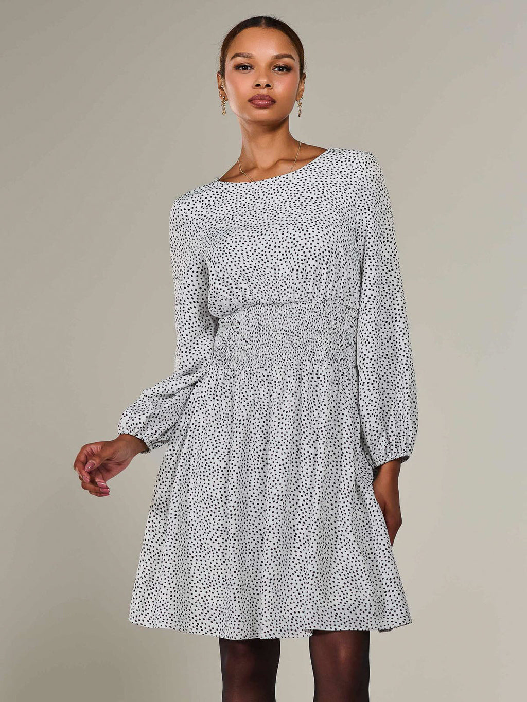 Long Sleeve Ruched Waist Midi Dress, White Polka Jolie Moi Retail Long Sleeve Ruched Waist Midi Dress, White Polka Jolie Moi Retail