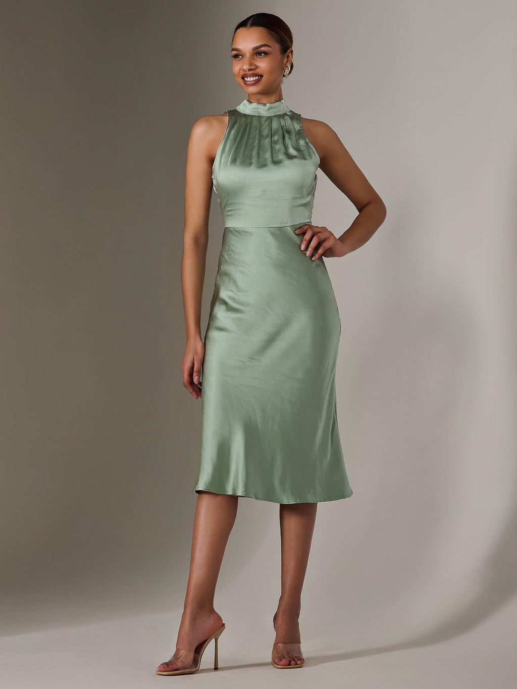 Aria Poplin Halter Neck Green Midi Dress