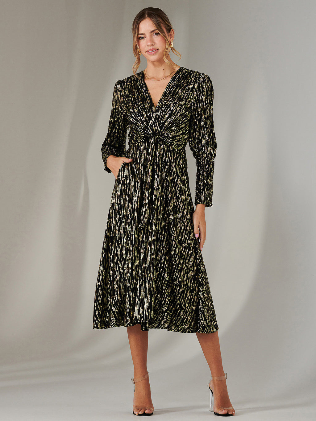 Layla Long Sleeve Metallic Wrap Dress, Black/Gold – Jolie Moi Retail