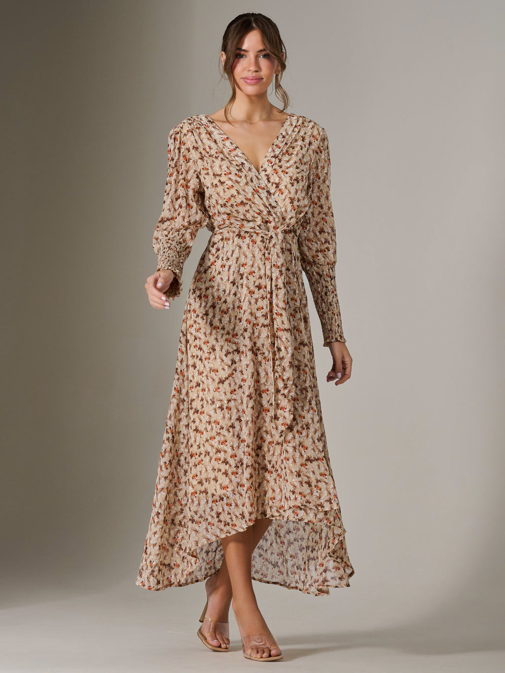 V Neck Tie Waist Puff Sleeve Maxi Dress, Brown Floral  Jolie Moi Retail