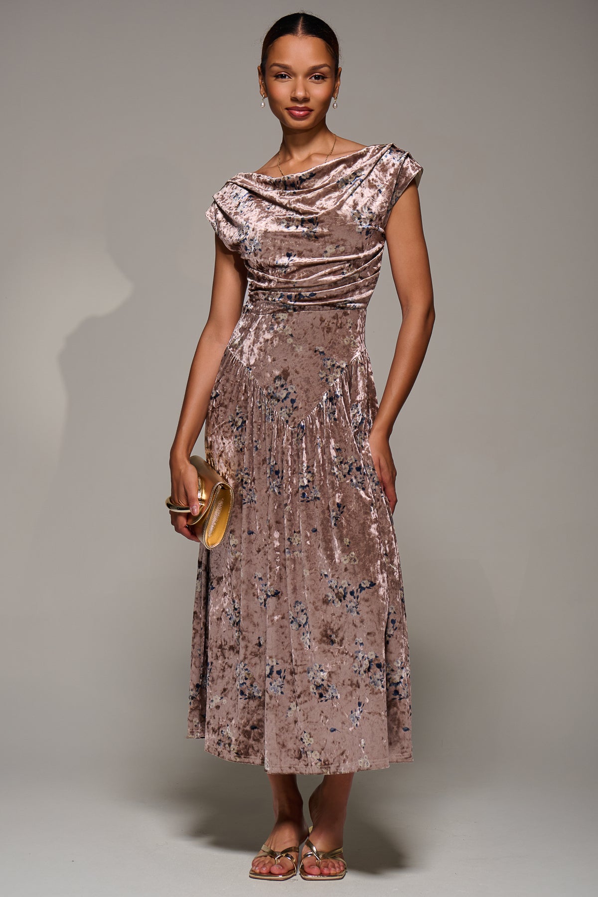Cowl Neckline Draped Velvet Midaxi Dress, Neutral Floral – Jolie