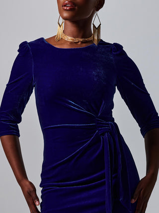 3/4 Sleeve Tie Detail Velvet Midi Dress, Royal Blue