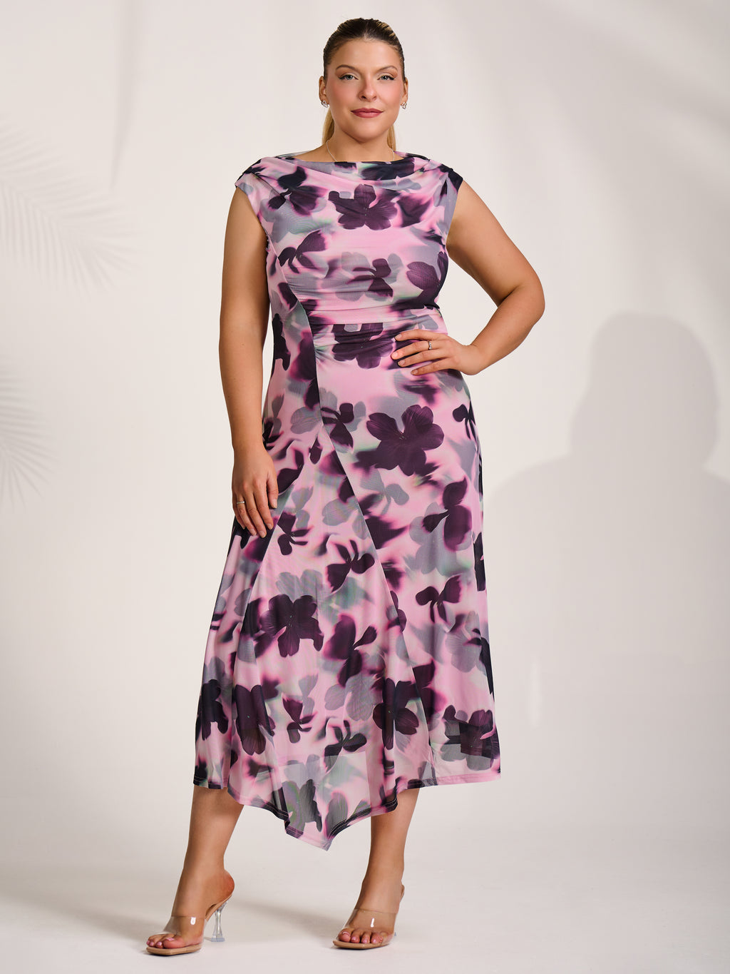 Asymmetric Draped Mesh Midaxi Dress, Pink Abstract – Jolie Moi Retail