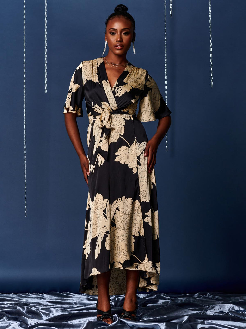 Willow Satin Wrap Tie Waist Dress, Black/White – Jolie Moi Retail Willow Satin Wrap Tie Waist Dress, Black/White – Jolie Moi Retail