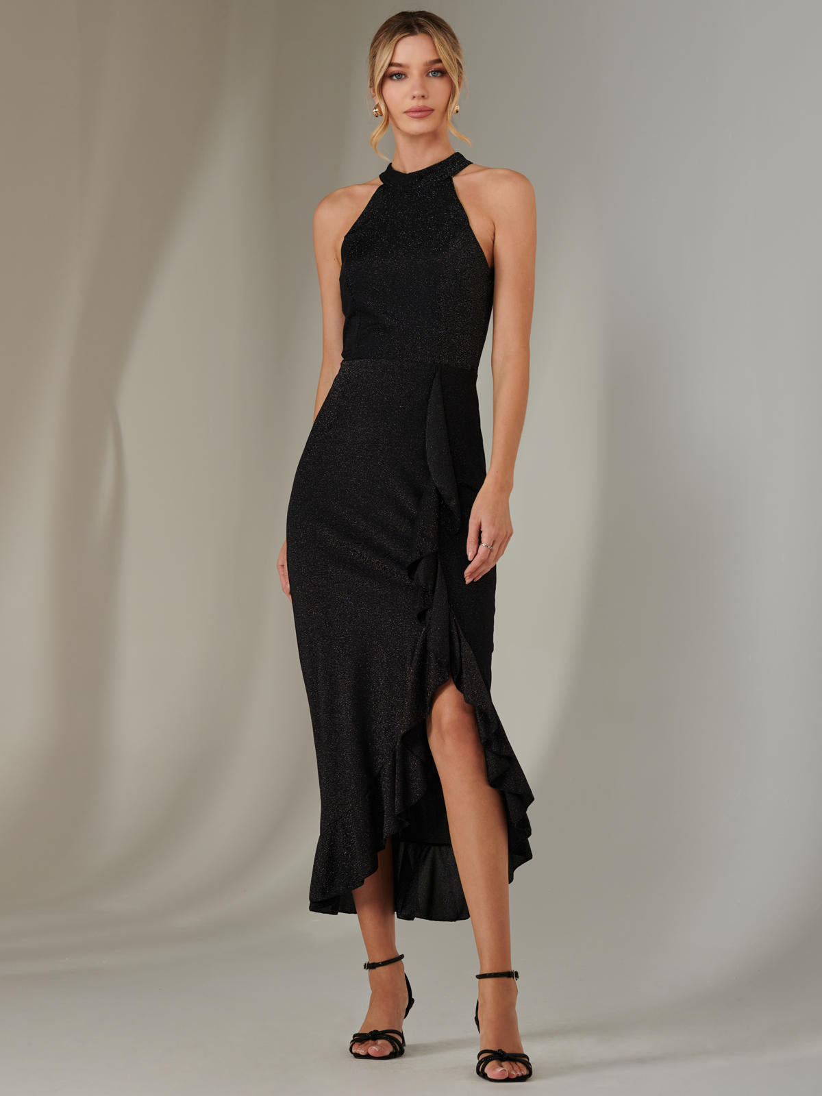 ワンピース Cotton Jersey Halter Neck Dress - black Halter Neck Frill Jersey Maxi Dress, Black – Jolie Moi Retail