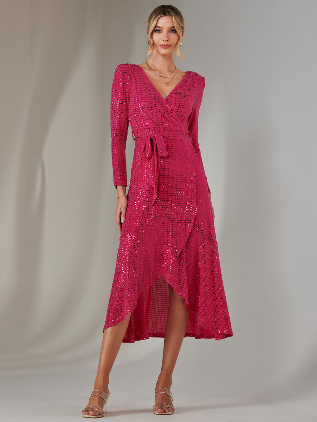 holly long sleeve metallic plissé dress Long Sleeve Metallic Spot Maxi Dress, Fuschia – Jolie Moi Retail