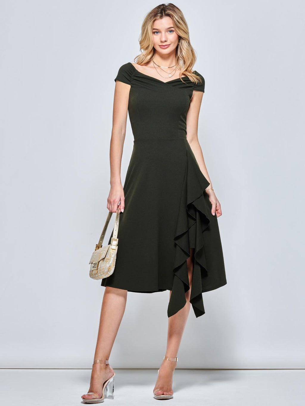 Annie Off Shoulder Frill Midi Dress in White