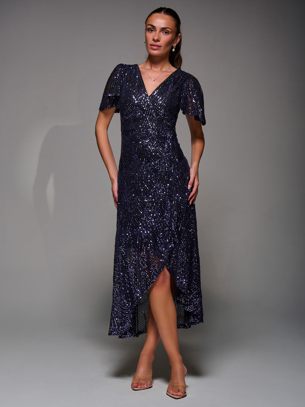 Sequin Angel Sleeve Ruffle Hem Maxi Dress, Black Purple Jolie Moi Retail Sequin Angel Sleeve Ruffle Hem Maxi Dress, Black Purple Jolie Moi Retail