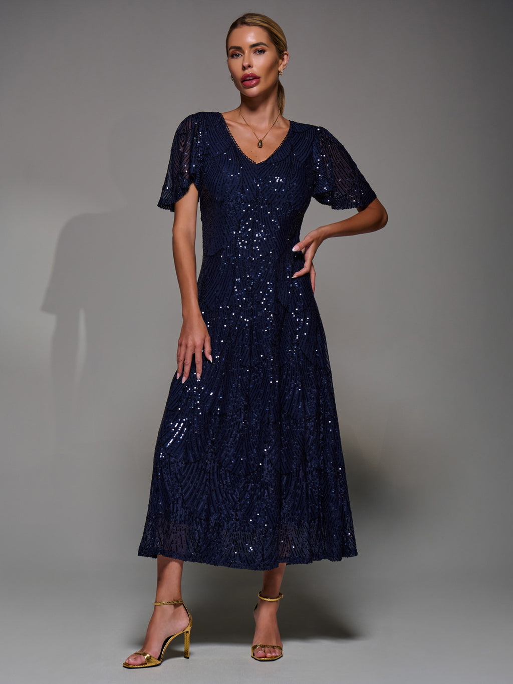 Sequin Angel Sleeve Fit & Flare Midaxi Dress, Navy – Jolie Moi Retail
