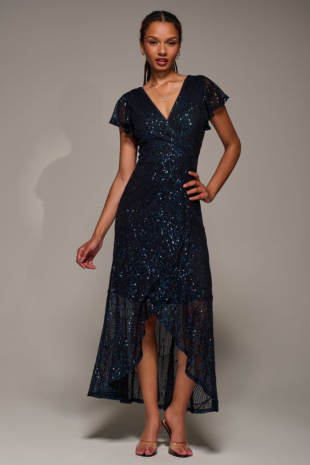 Frill Short Sleeve Sequin Maxi Dress, Black Navy – Jolie Moi Retail