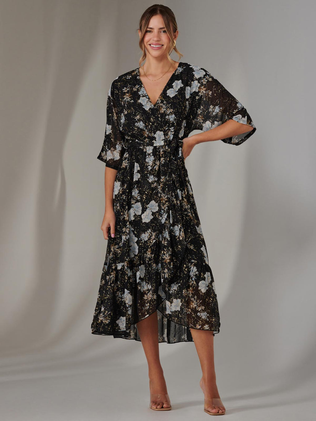 15961 Black Ruffle Slit Chiffon Dress