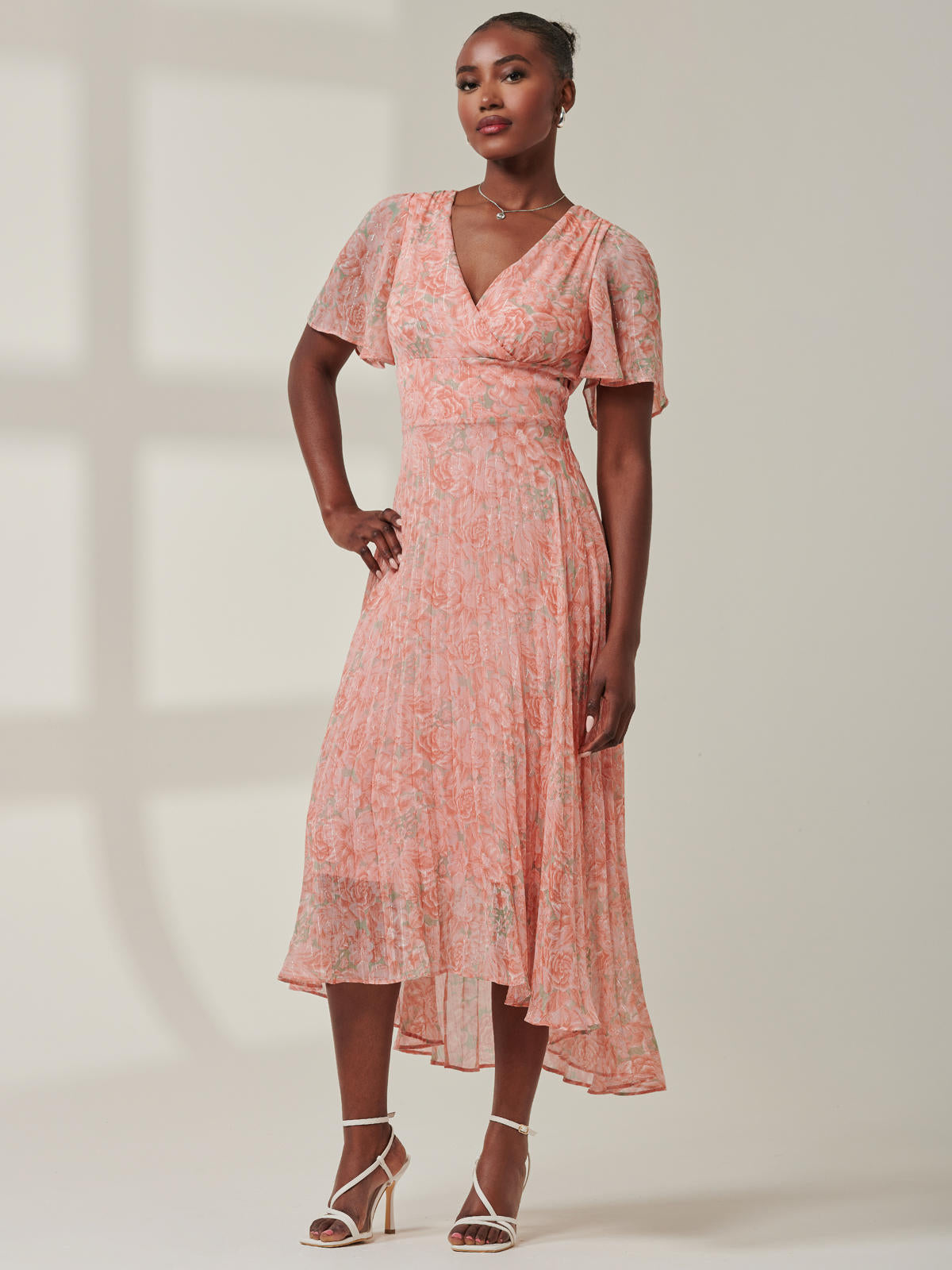 Chelsea Pleated Chiffon Dip Hem Maxi Dress, Coral Multi – Jolie