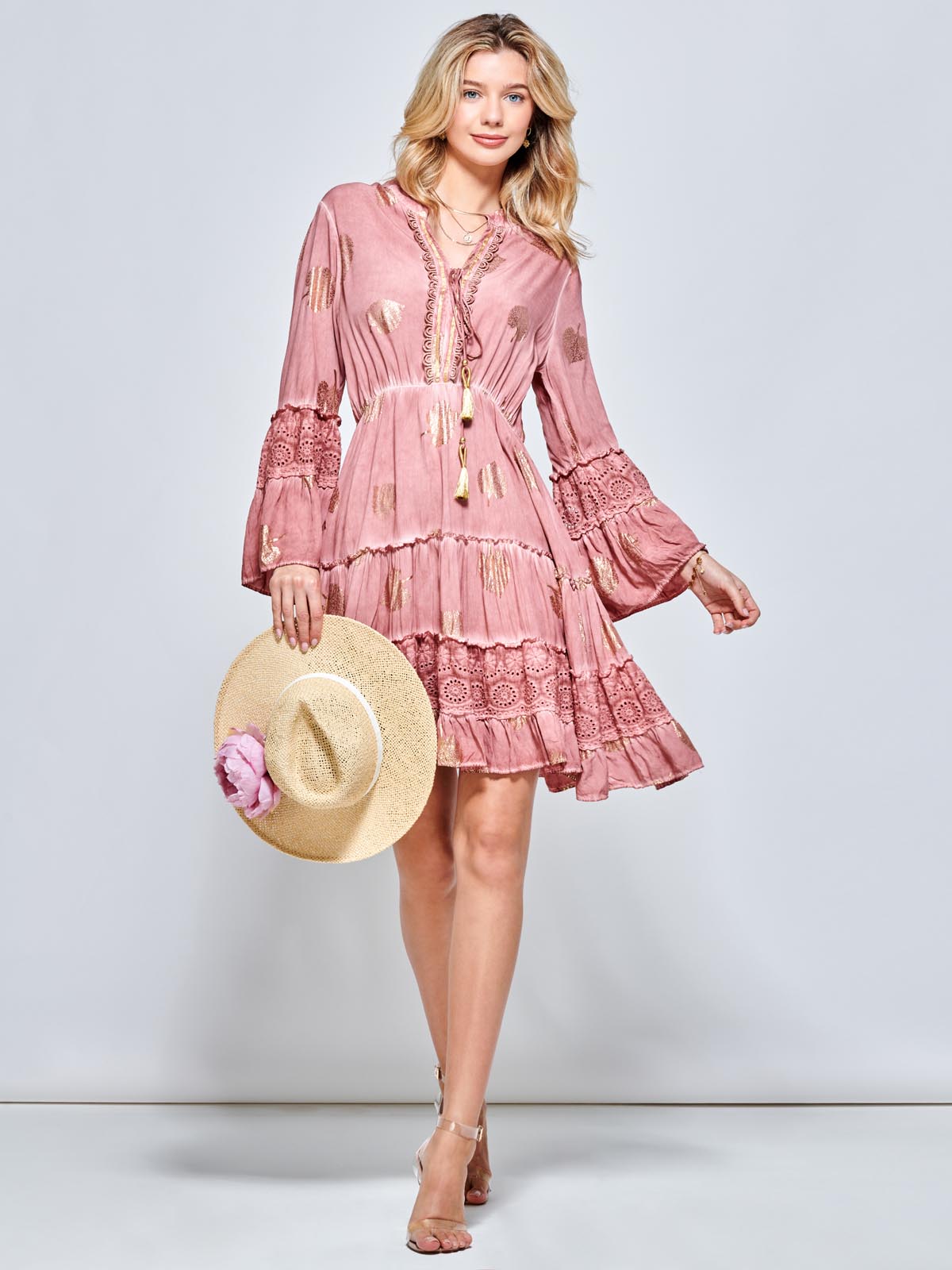 3/4 Sleeve Crochet Trim Holiday Midi Dress, Mauve Pink – Jolie Moi