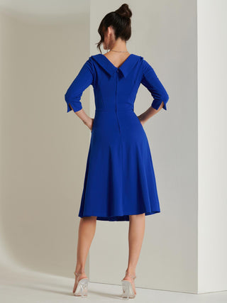 Fold Neckline Sleeved Midi Dress, Royal Blue, 1950's Inspired, Back Side
