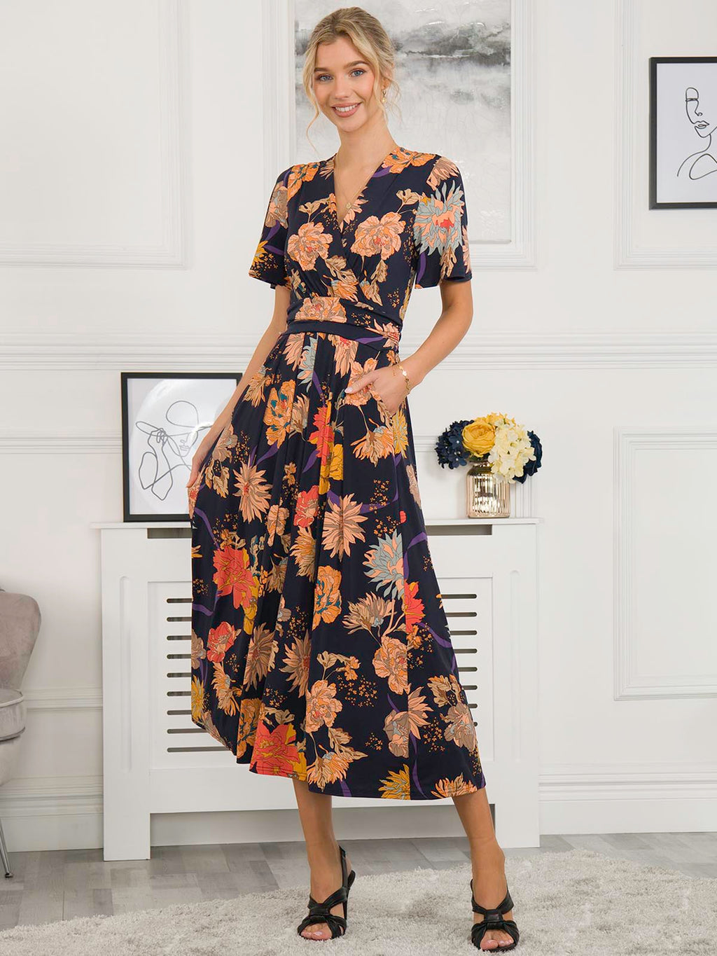 navy and orange dress Sherya Jersey Angel Sleeve Maxi Dress, Navy Orange Floral – Jolie Moi Retail